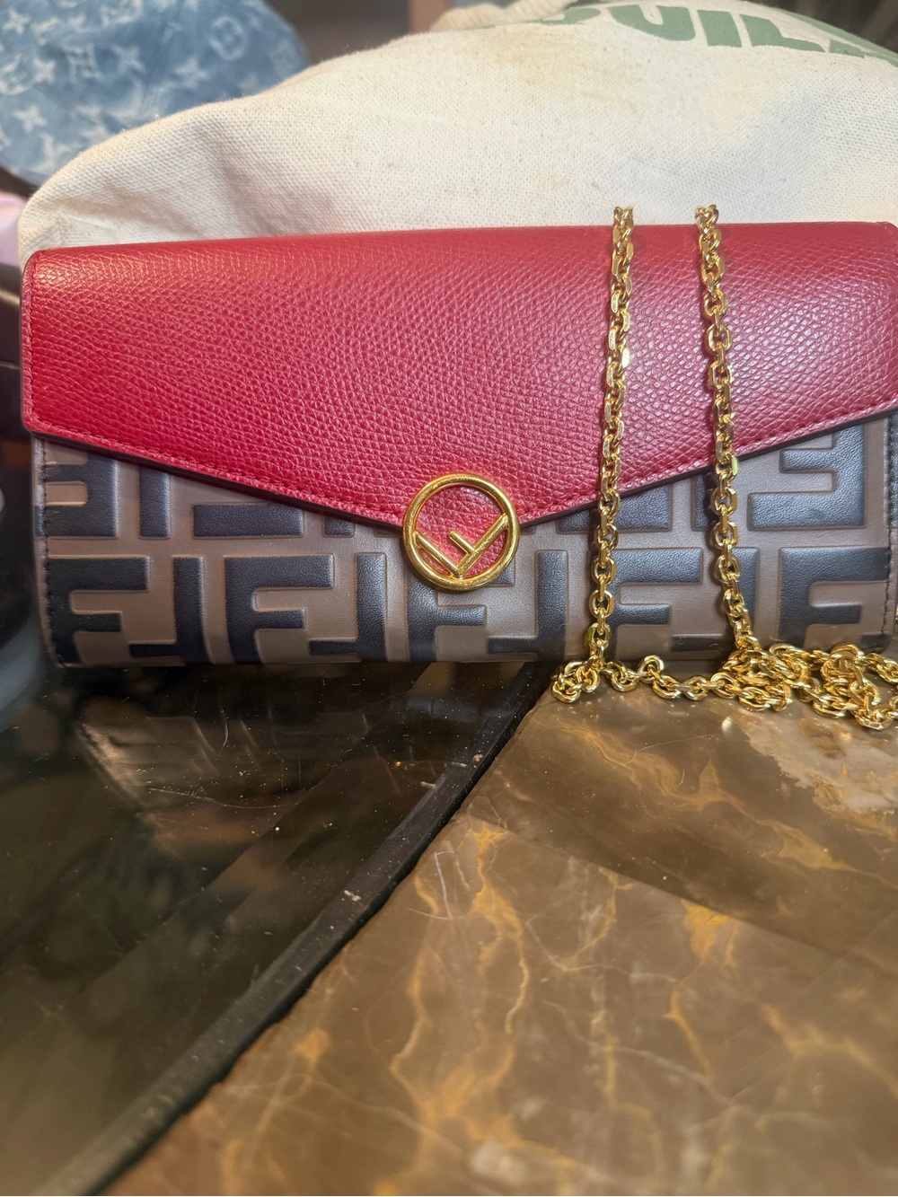 Fendi Red Leather Flap Brown FF Logo Chain Crossbody